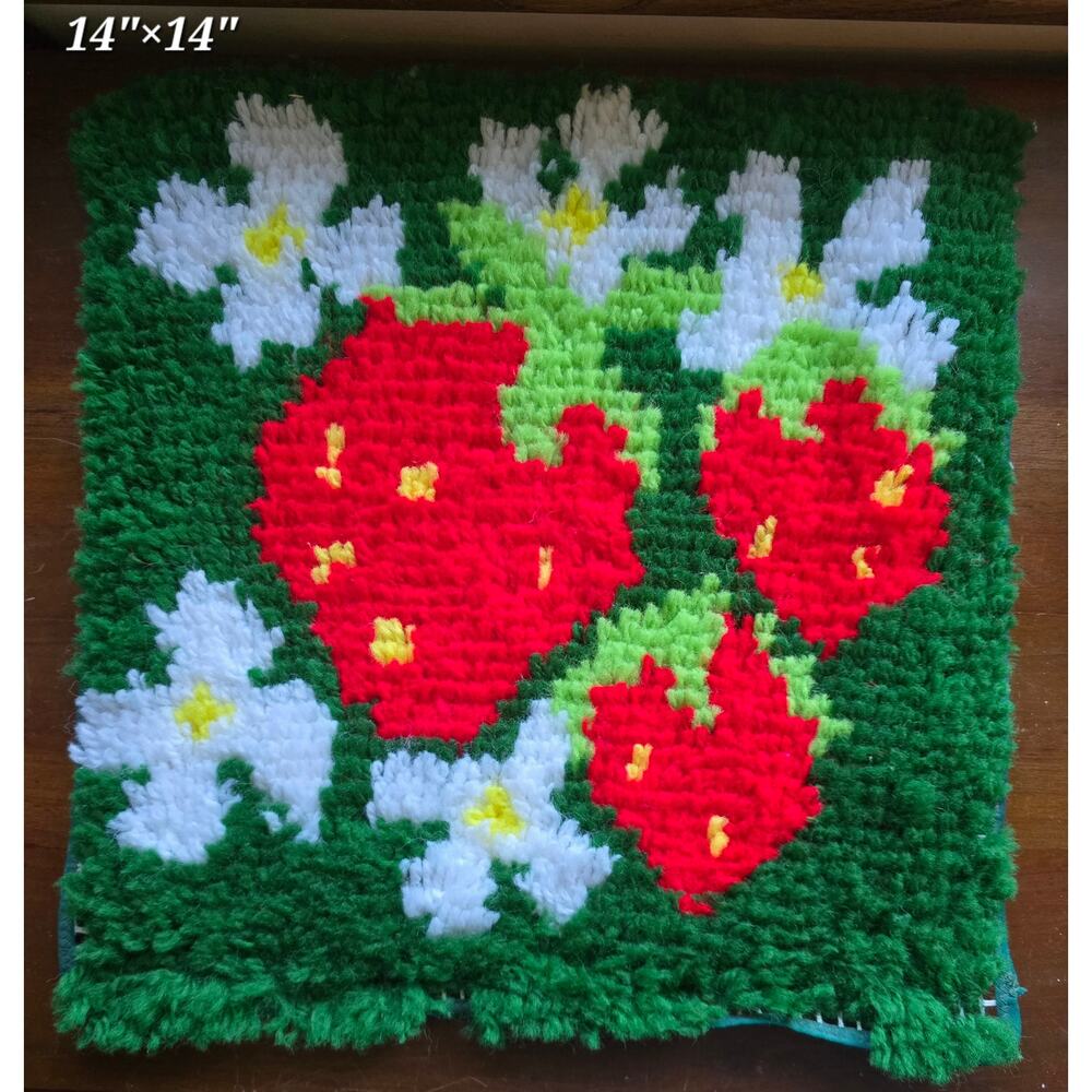 Vintage 1970s Strawberry Latch Hook Pillow Panel Cottagecore 14x14